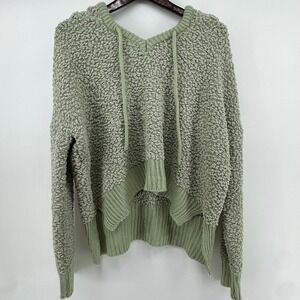 POL Sage Green Popcorn Knit Hoodie Oversized V-Neck Sweater POL15 Cropped‎ Med